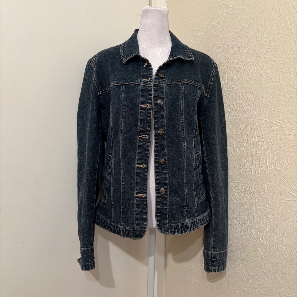 Womens Dark Wash Denim Jacket Indie Fall Y2K Grunge Live a Little Size L